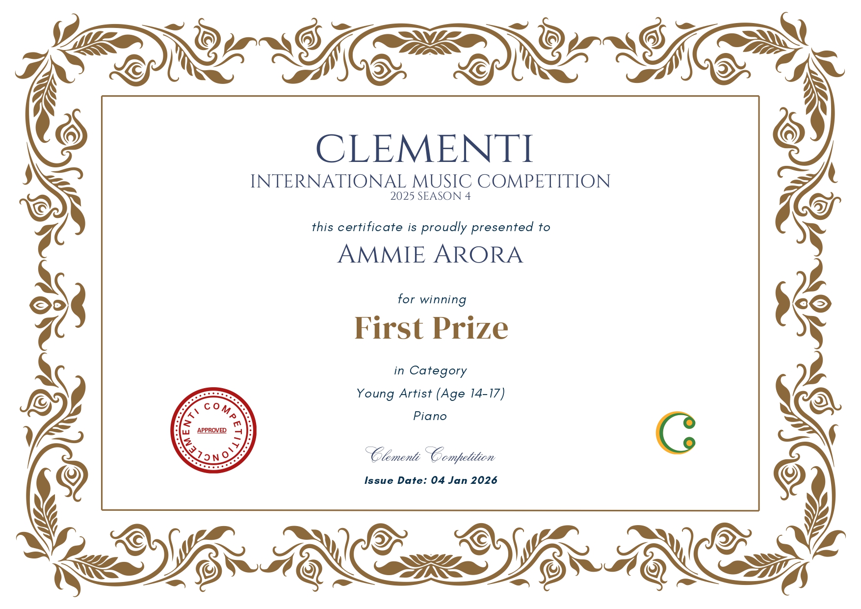 Ammie Arora Young Artist (Age 14-17) Certificate | First Prize